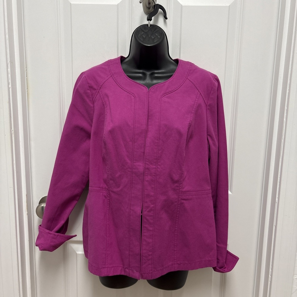 Chicos Additions Women's Jacket Ruffle Size 1 (US 8-10)Raspberry Pink Hook & Eye